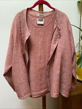 Flax Set of Lightweight Open-Neck Linen Top and Button Front Blazer Dusty Rose